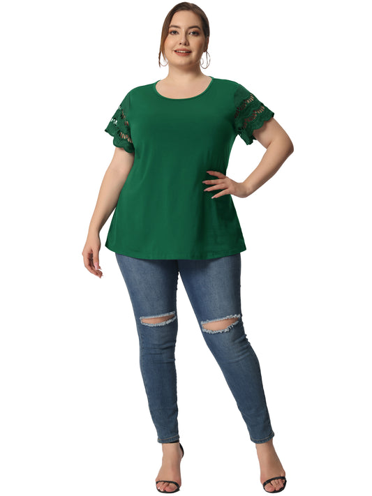 Blusa elegante de verano de manga corta con cuello redondo y encaje para mujer, talla grande
