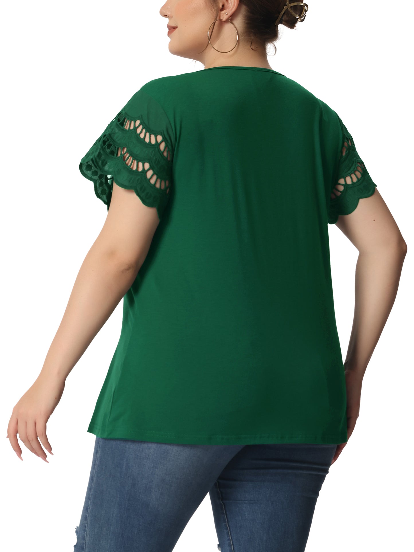 Women's Plus Size Top Round Neck Lace Panel Hollow Short Sleeve Elegant Summer Blouse