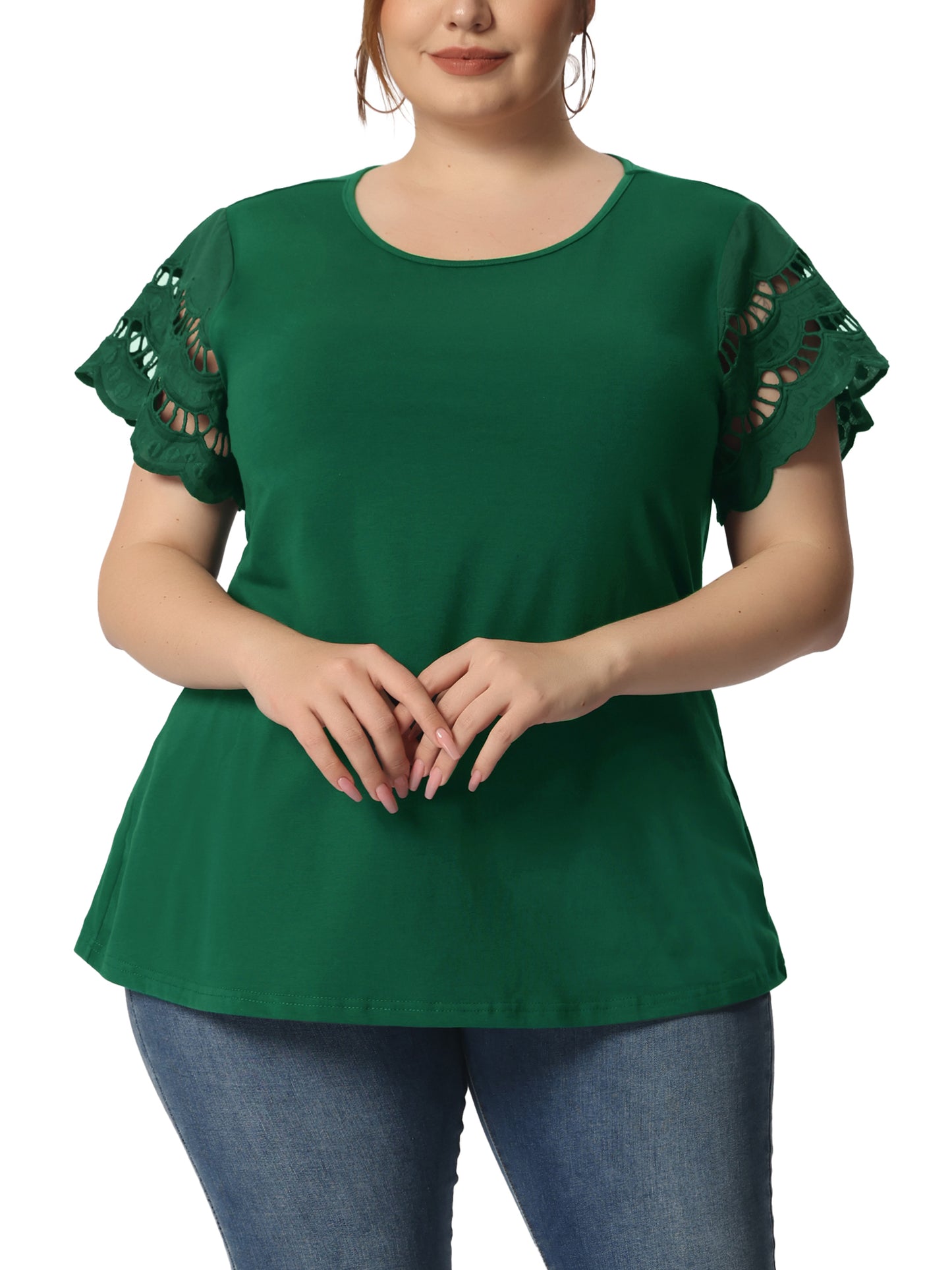Women's Plus Size Top Round Neck Lace Panel Hollow Short Sleeve Elegant Summer Blouse