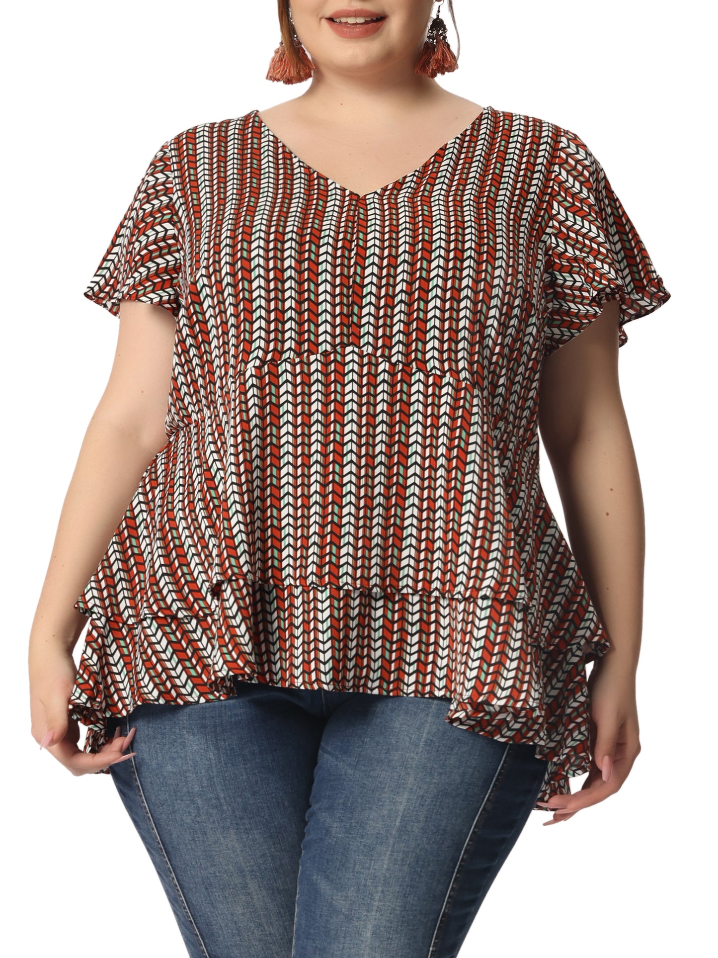 Women's Plus Size Summer Top V Neck Short Sleeve Peplum Geometric Print Layered Ruffle Blouse