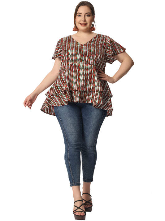 Women's Plus Size Summer Top V Neck Short Sleeve Peplum Geometric Print Layered Ruffle Blouse