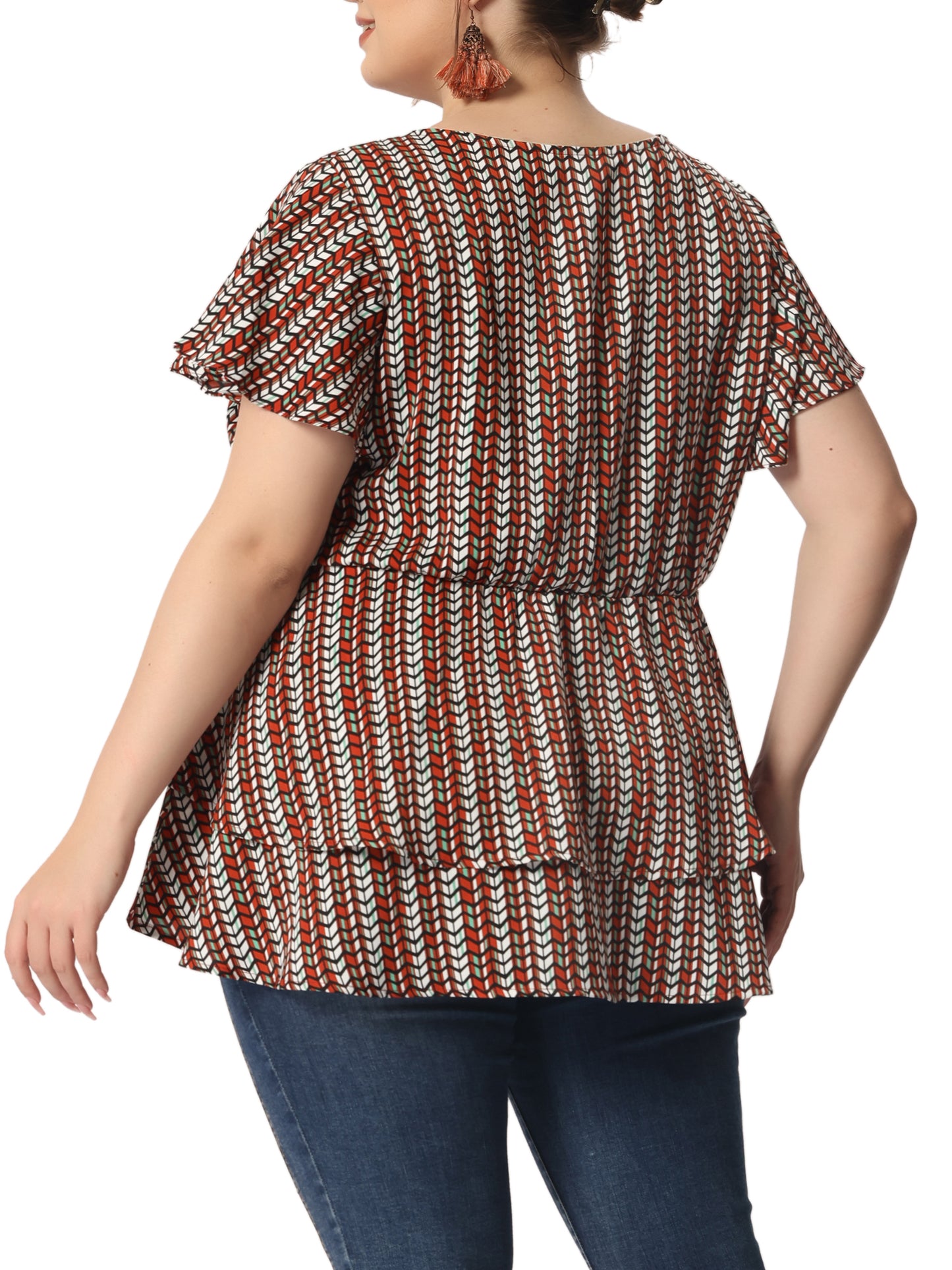 Women's Plus Size Summer Top V Neck Short Sleeve Peplum Geometric Print Layered Ruffle Blouse
