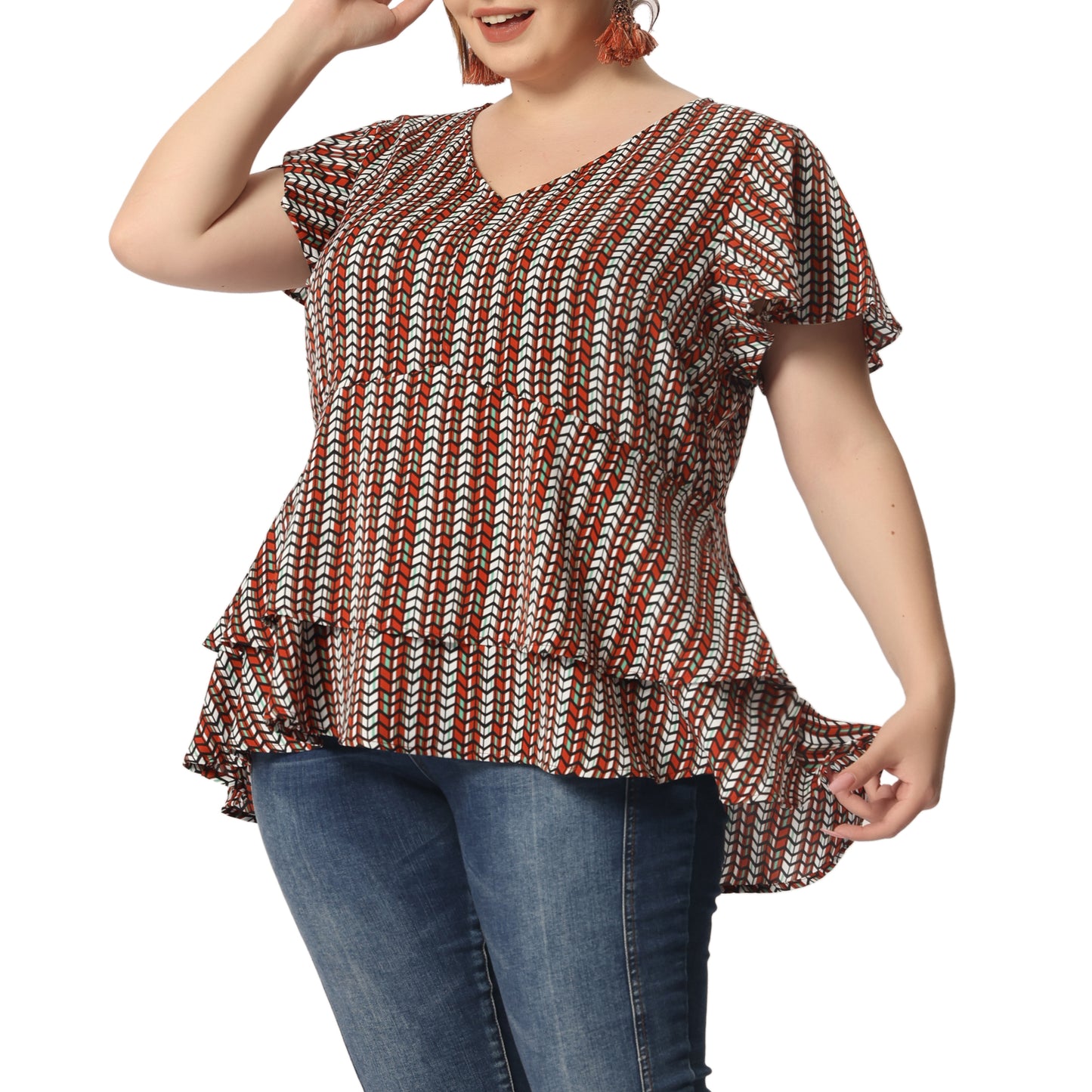 Women's Plus Size Summer Top V Neck Short Sleeve Peplum Geometric Print Layered Ruffle Blouse