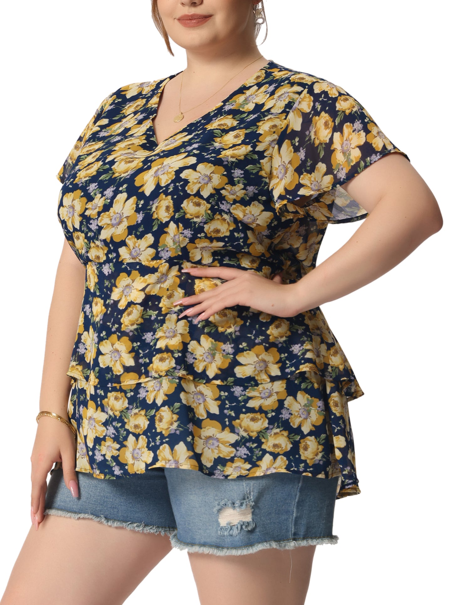 Women Plus Size Summe Tops V Neck Short Sleeve layered Floral Blouse