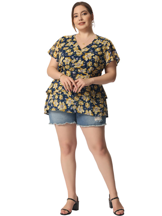 Women Plus Size Summe Tops V Neck Short Sleeve layered Floral Blouse