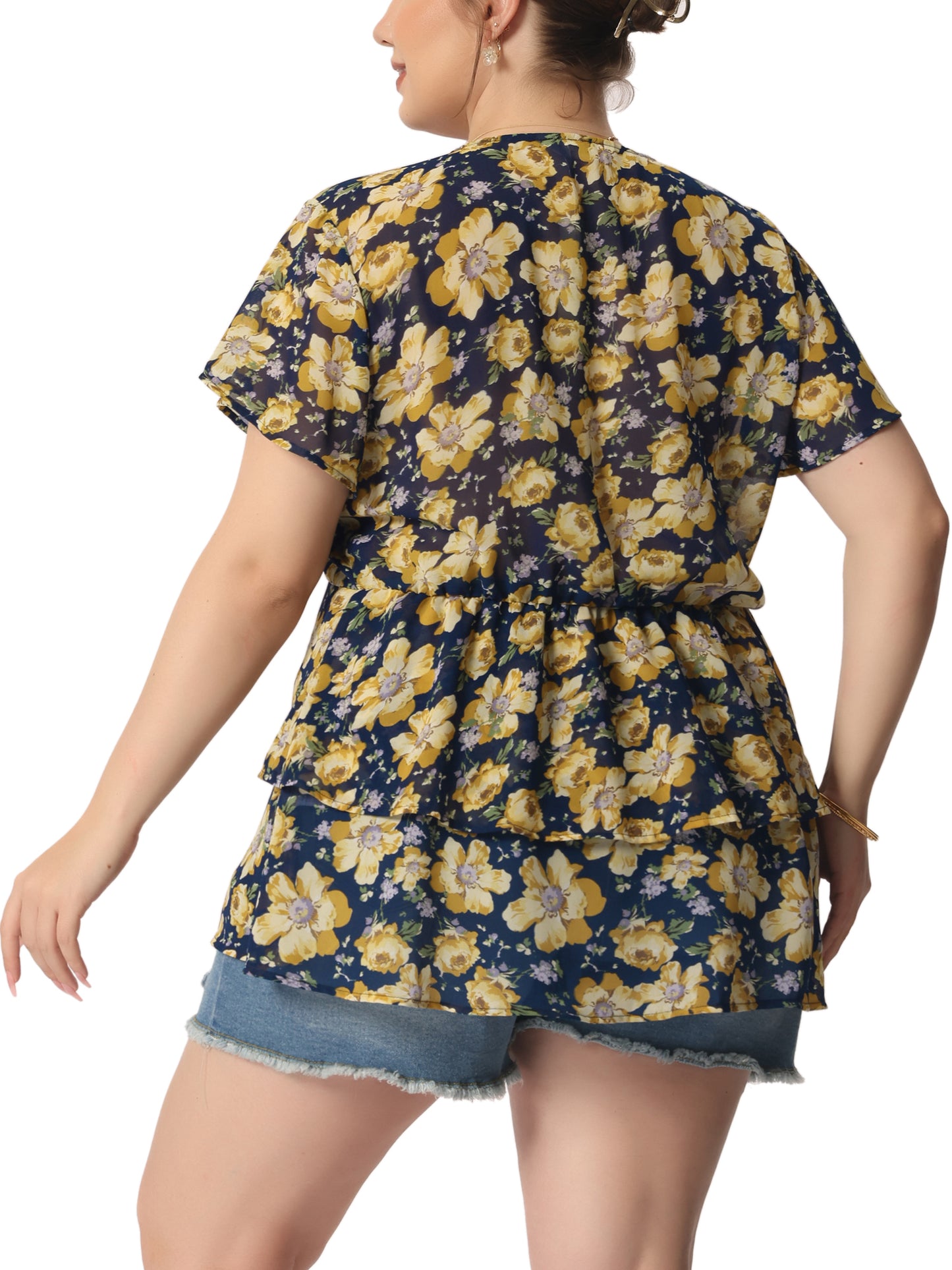 Women Plus Size Summe Tops V Neck Short Sleeve layered Floral Blouse