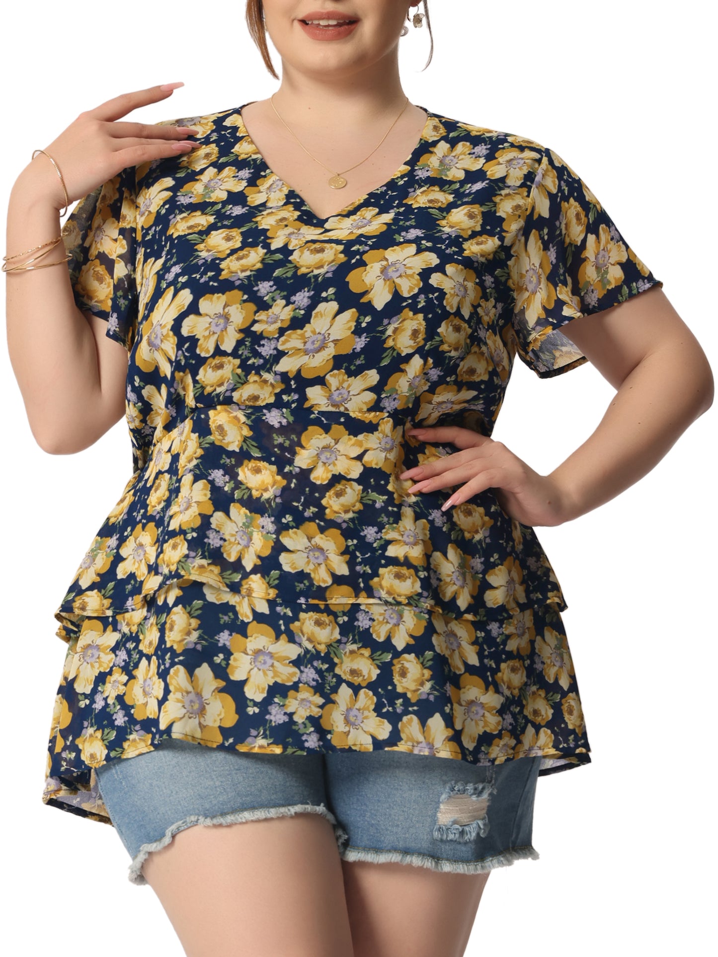 Women Plus Size Summe Tops V Neck Short Sleeve layered Floral Blouse