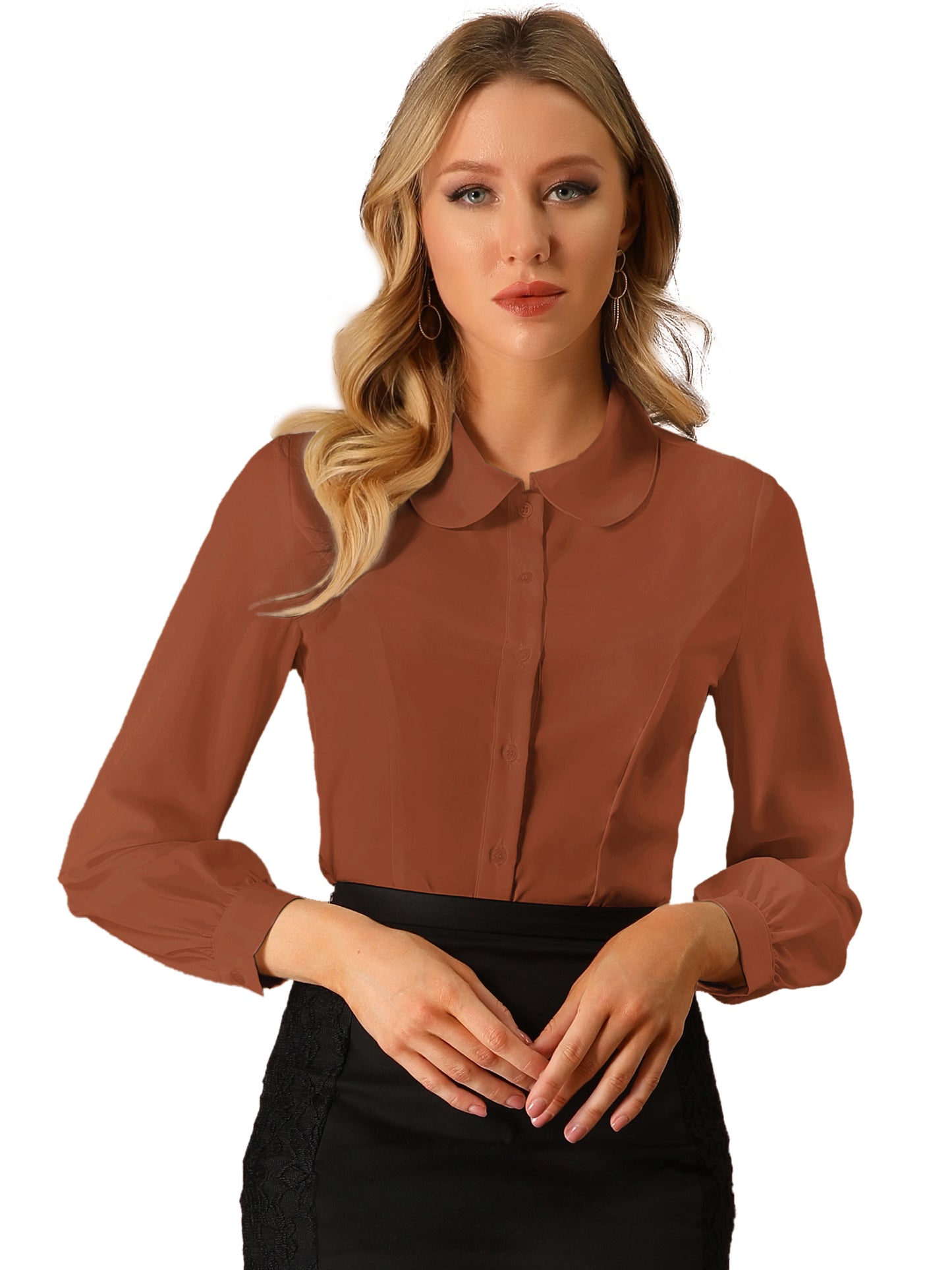 Women's Peter Pan Collar Blouse Business Casual Long Sleeve Button Down Work Shirt