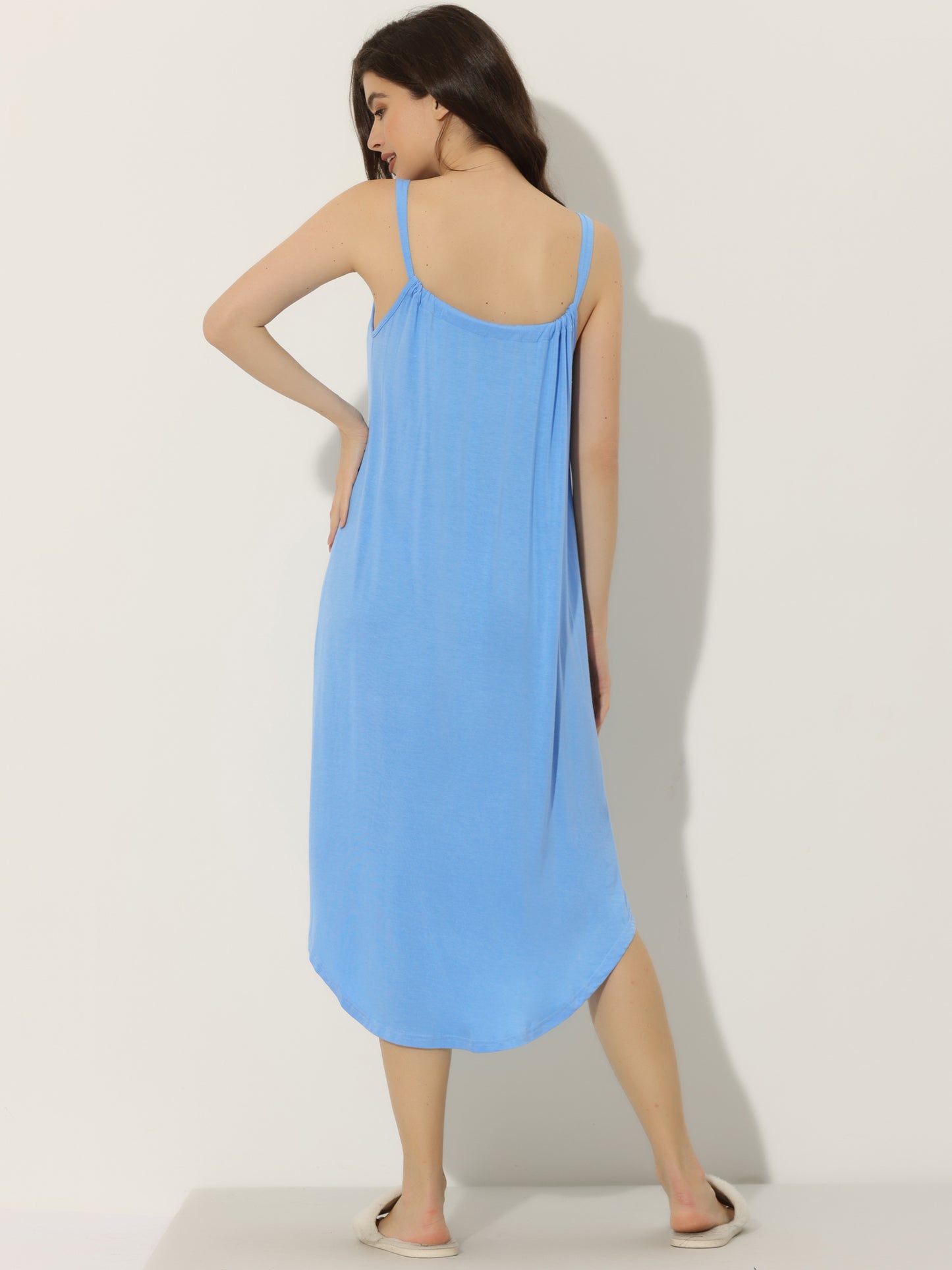 cheibear Pajama V Neck Nightdress Stretchy Lounge Cami Dress Blue