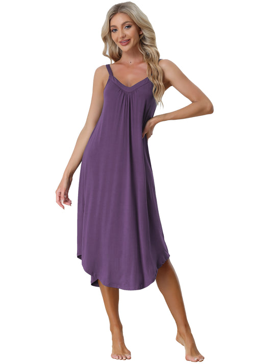 cheibear Pajama V Neck Nightdress Stretchy Lounge Cami Dress Purple