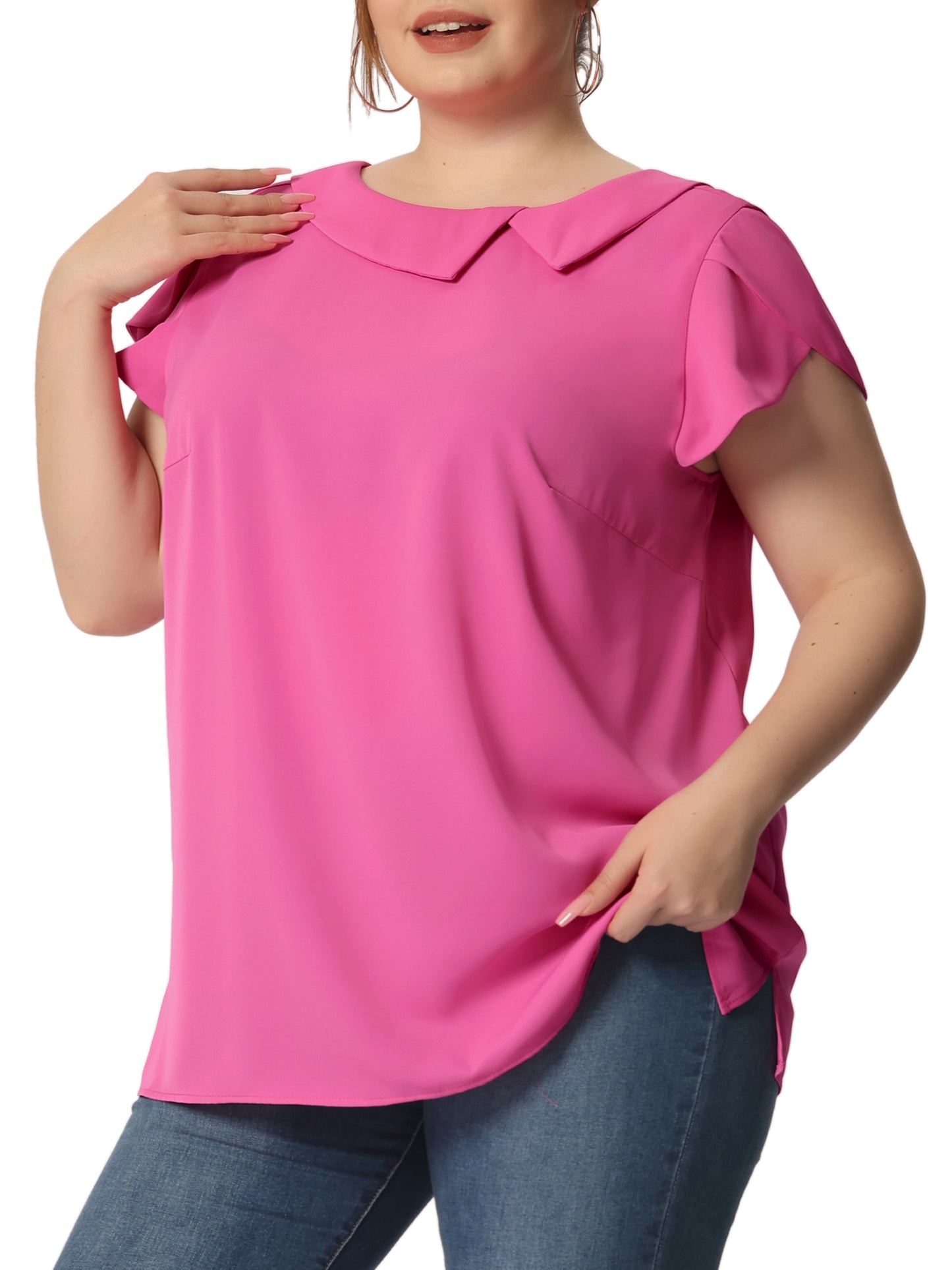 Women Plus Size Boat Lapel Neck Short Sleeve Chiffon Blouse Summer Top