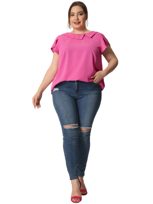 Women Plus Size Boat Lapel Neck Short Sleeve Chiffon Blouse Summer Top