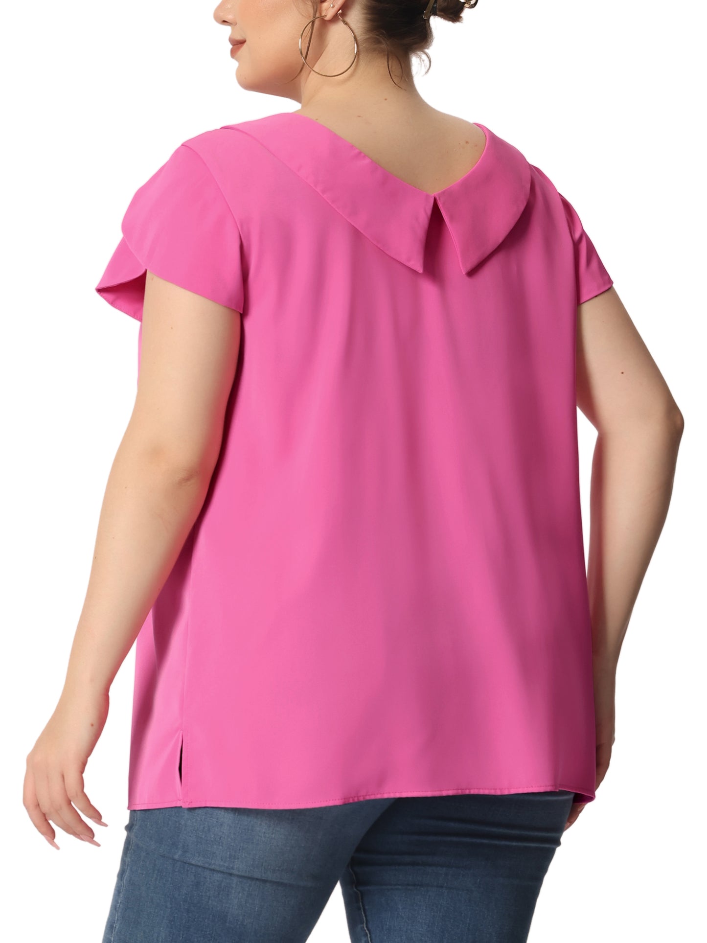 Women Plus Size Boat Lapel Neck Short Sleeve Chiffon Blouse Summer Top