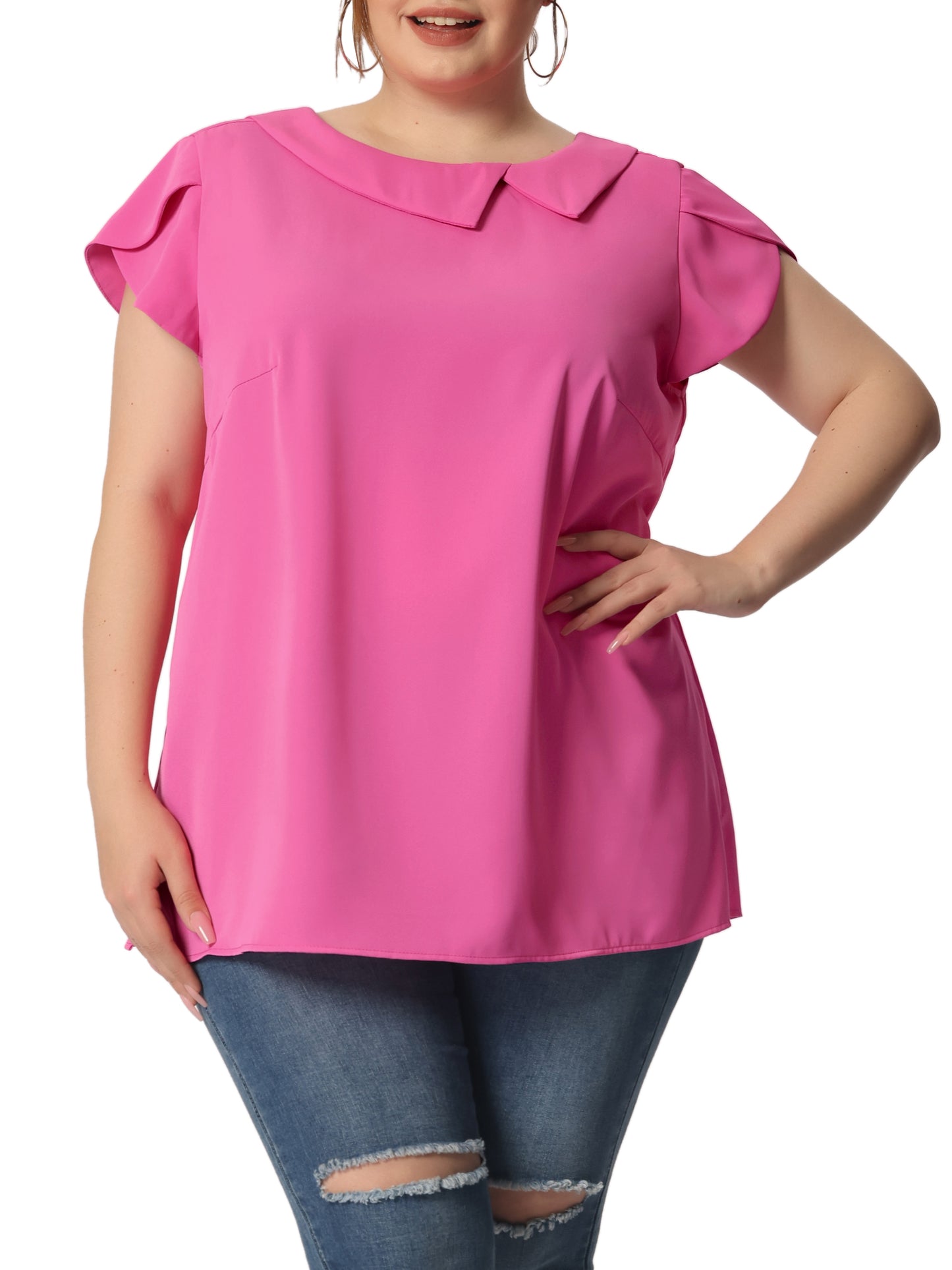 Women Plus Size Boat Lapel Neck Short Sleeve Chiffon Blouse Summer Top
