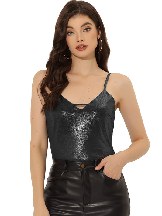 Women's Metallic Shiny Party Tank Top Deep V Camisole Top