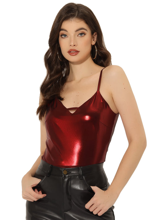Women's Metallic Shiny Party Tank Top Deep V Camisole Top