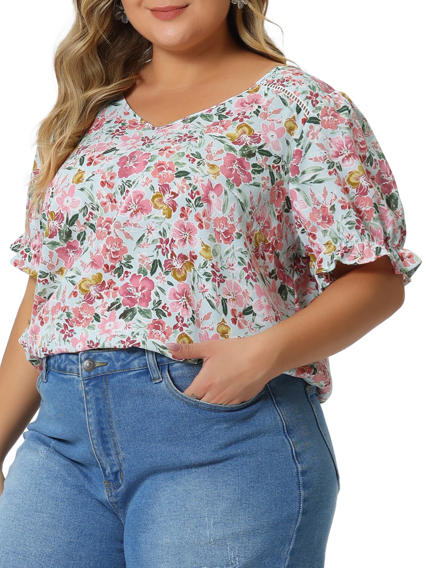 Women's Plus Size V Neck Ruffle Short Sleeve Blouses Floral Top