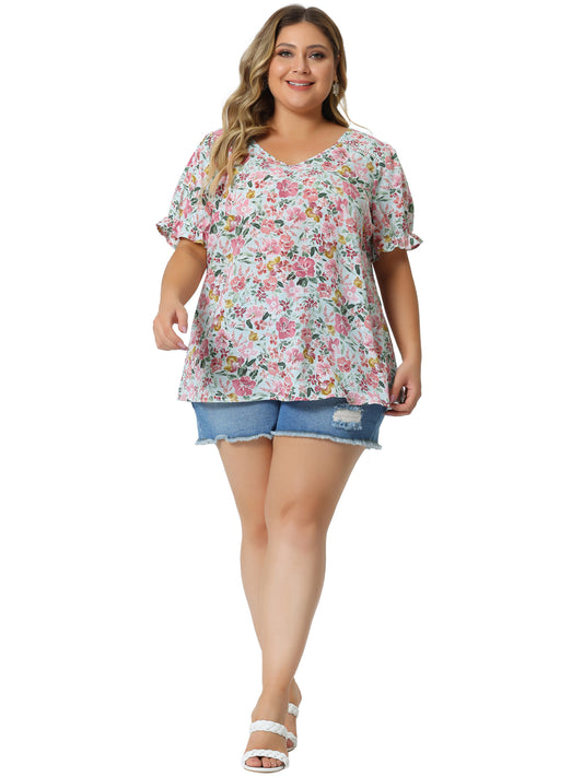 Women's Plus Size V Neck Ruffle Short Sleeve Blouses Floral Top