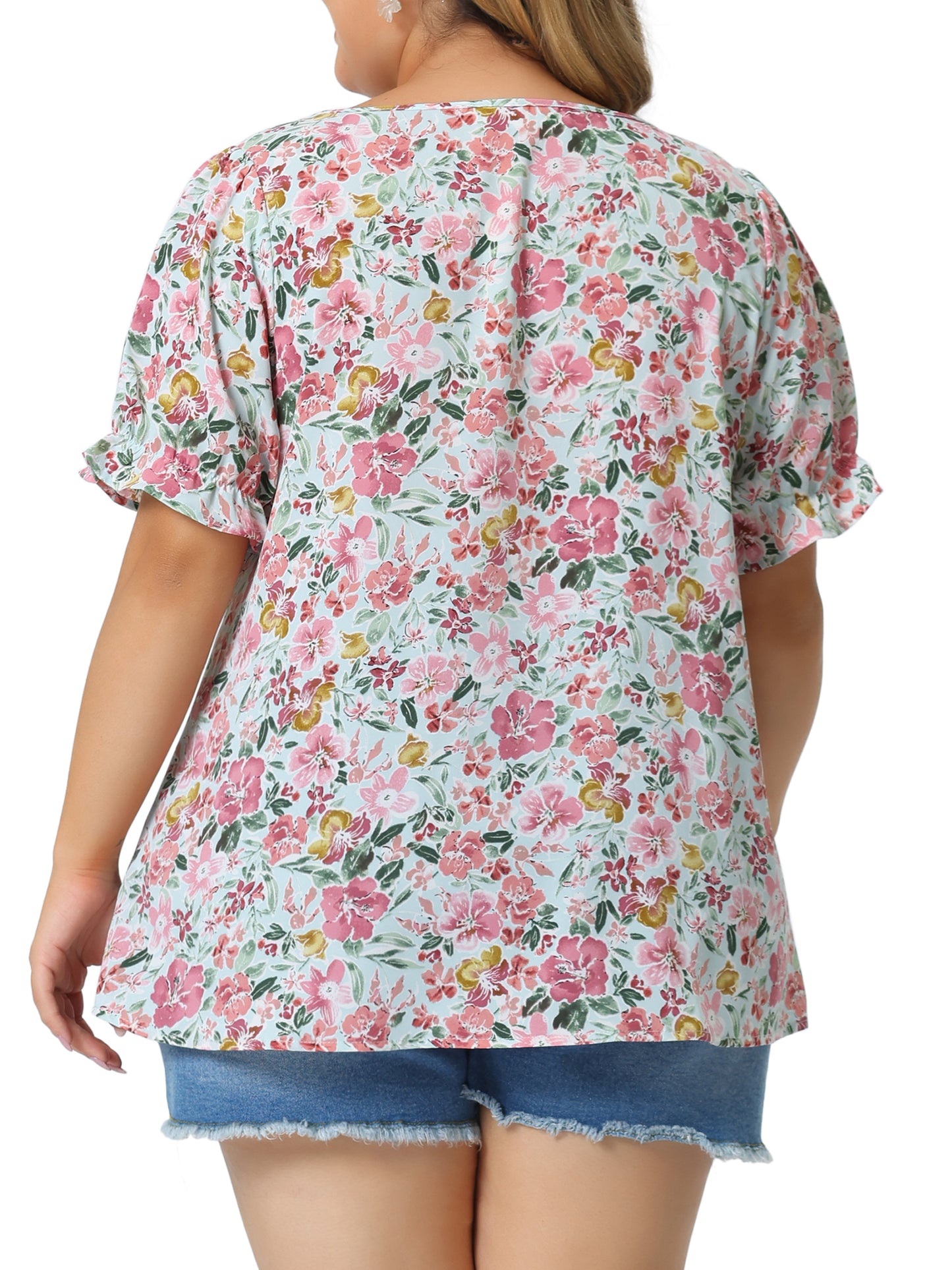 Women's Plus Size V Neck Ruffle Short Sleeve Blouses Floral Top
