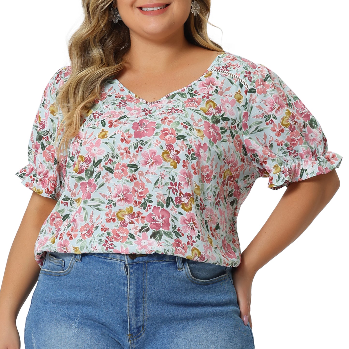 Women's Plus Size V Neck Ruffle Short Sleeve Blouses Floral Top