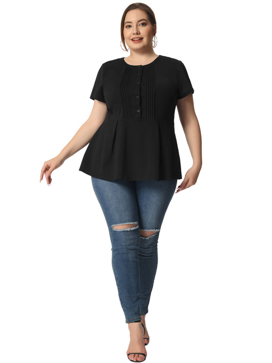 Women Plus Size Peplum Shirt Summer Round Neck Short Sleeve Work Top