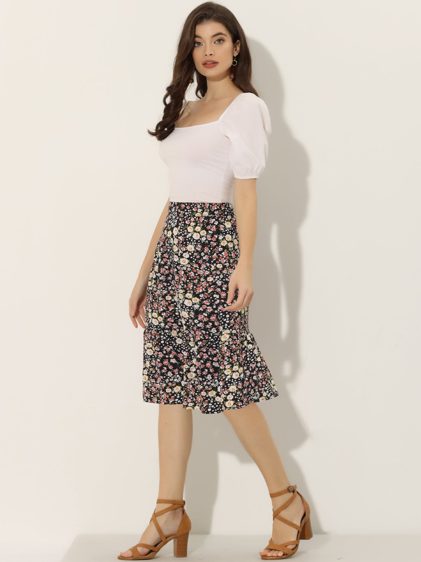 Falda holgada midi con cintura elástica y dobladillo con volantes y estampado floral para mujer
