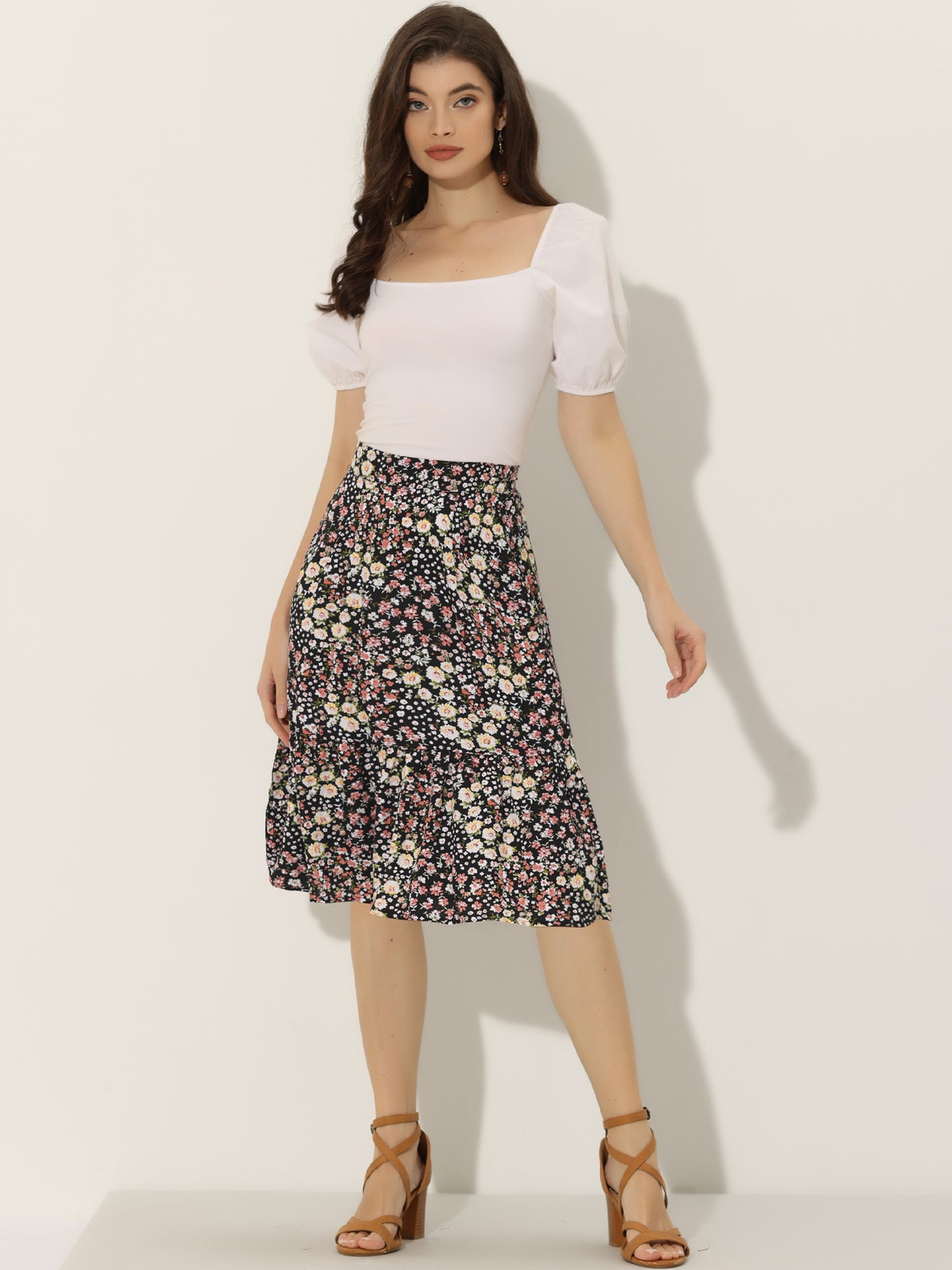 Falda holgada midi con cintura elástica y dobladillo con volantes y estampado floral para mujer
