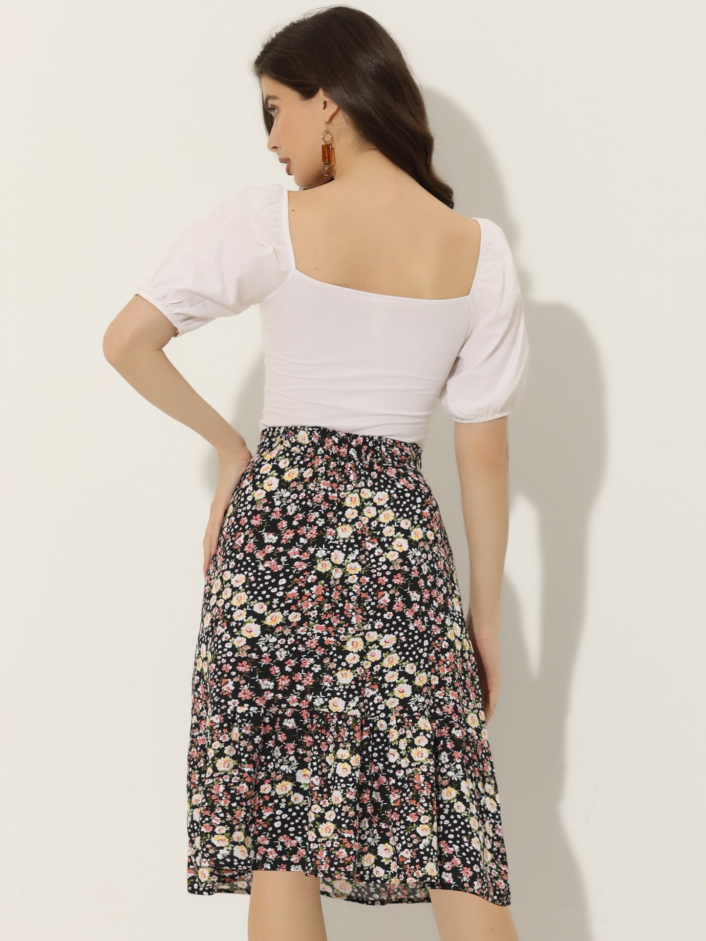 Falda holgada midi con cintura elástica y dobladillo con volantes y estampado floral para mujer