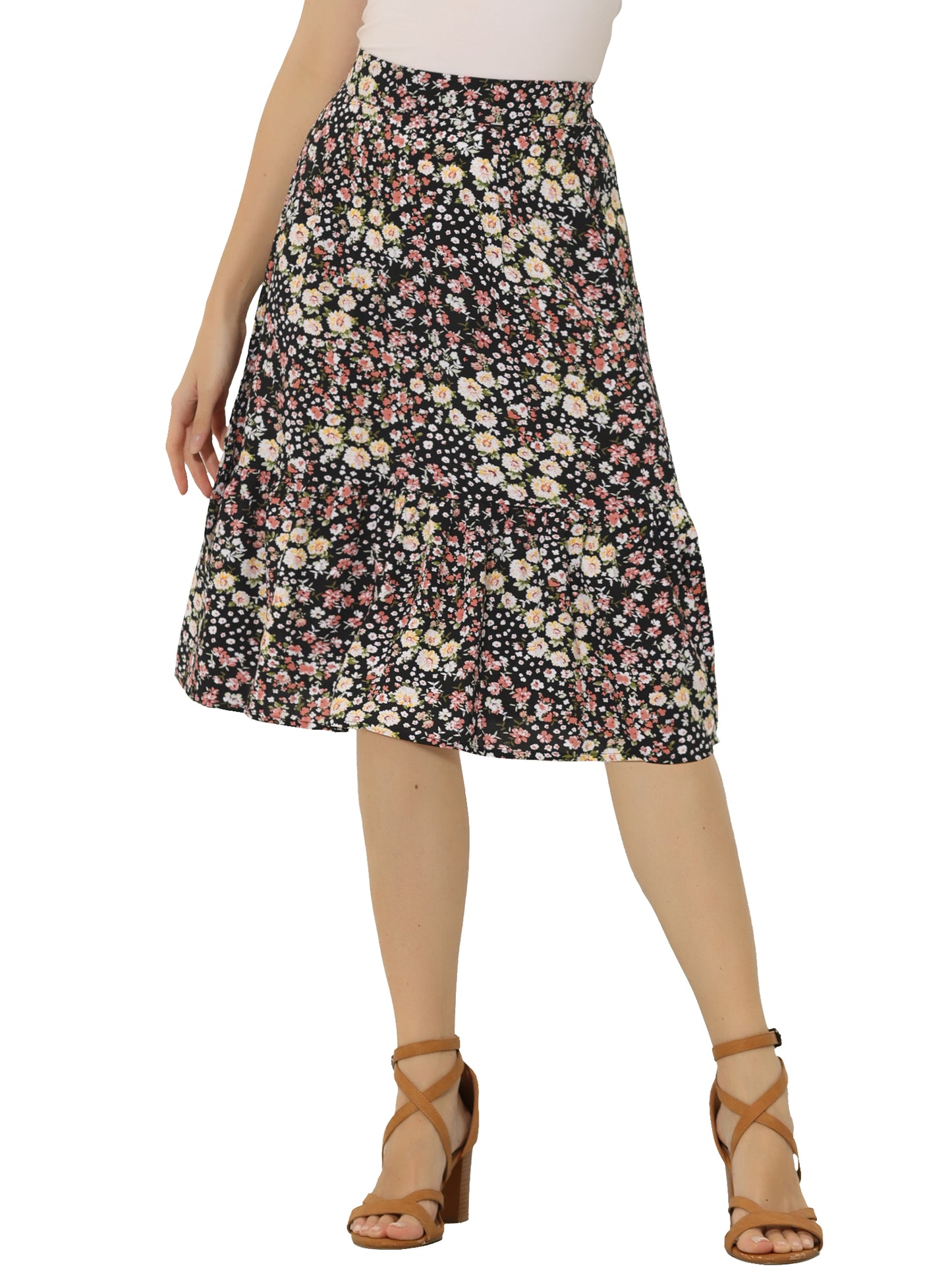 Falda holgada midi con cintura elástica y dobladillo con volantes y estampado floral para mujer