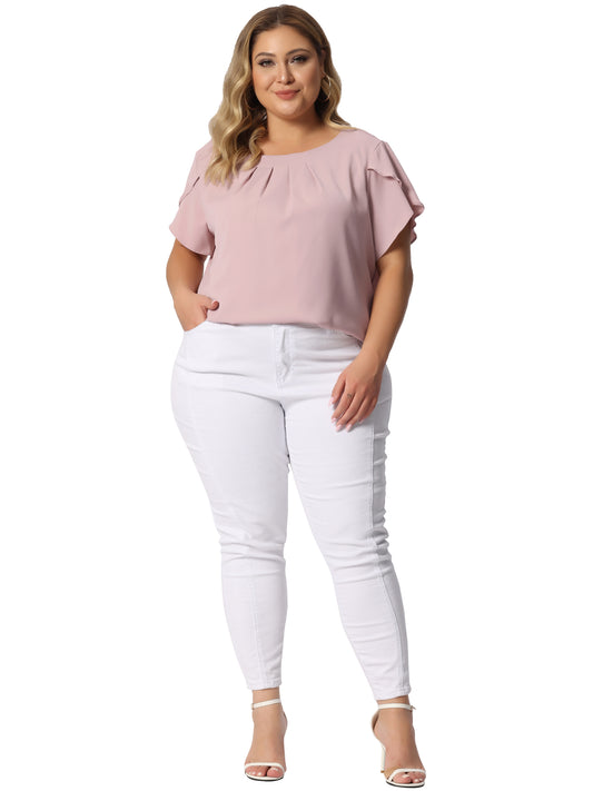 Women Plus Size Work Top Round Neck Pleated Tulip Sleeves Blouse Summer Top