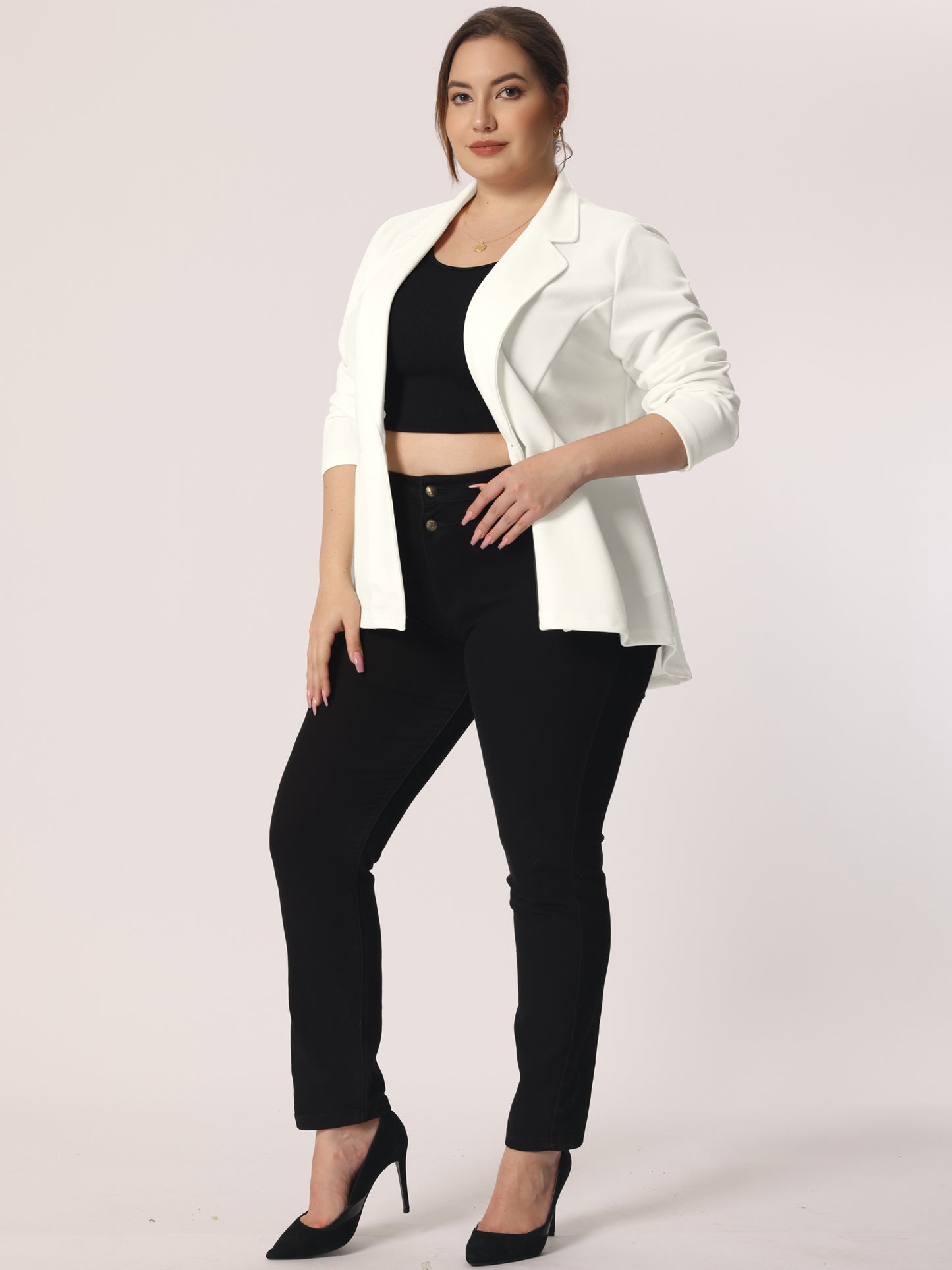 Blazer de talla grande para mujer, con volantes, cuello en V, manga larga, panel con muescas, botones, peplum, para oficina y trabajo