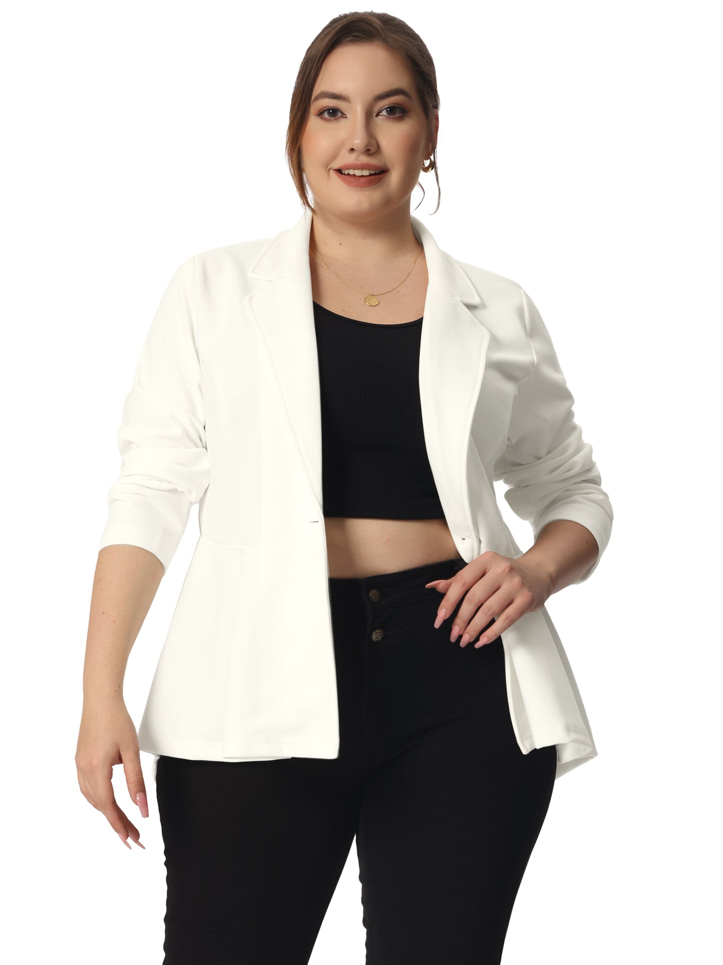 Blazer de talla grande para mujer, con volantes, cuello en V, manga larga, panel con muescas, botones, peplum, para oficina y trabajo