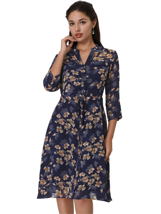 Women's Floral A-Line Dress 3/4 Sleeve Chiffon Button Up Midi Flare Dresses