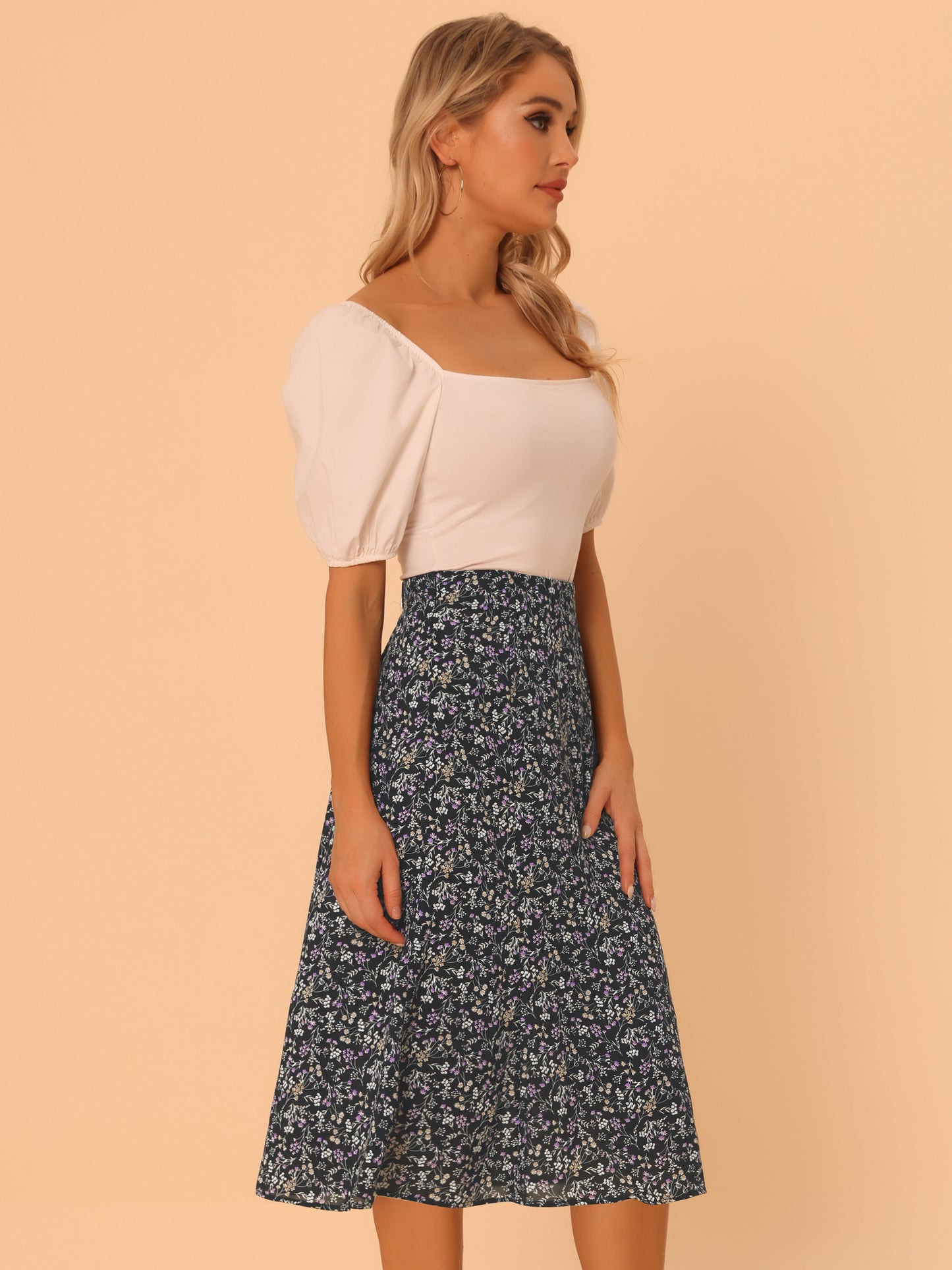 Women's Floral Midi Skirt Peasant Elastic Waist A-Line Ditsy Printed Skirts