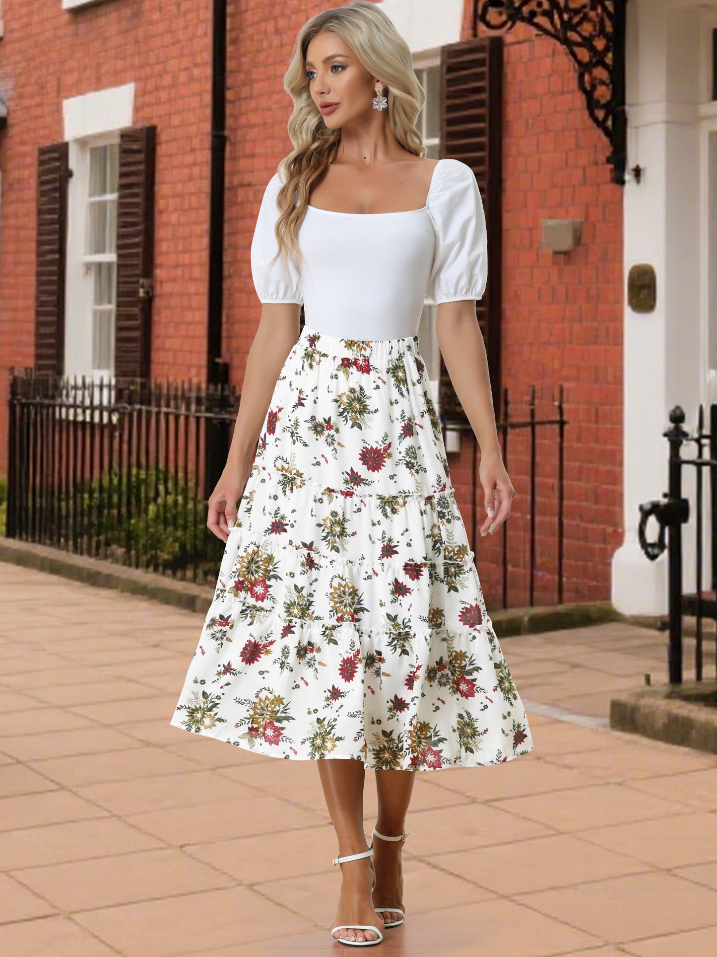Women's Floral Chiffon A-Line Tiered Ruffle Midi Skirt (Available in Plus Size)