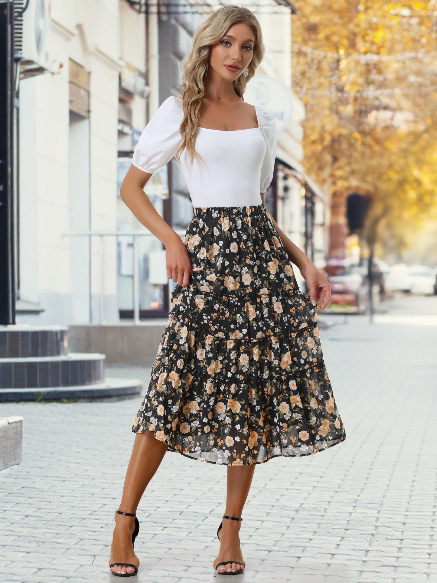 Women's Floral Chiffon A-Line Tiered Ruffle Midi Skirt (Available in Plus Size)