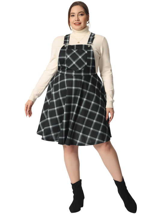 Women's Plus Size Casual Plaid Printed Overall Pinafore Dress Swing Adjustable Straps Dress