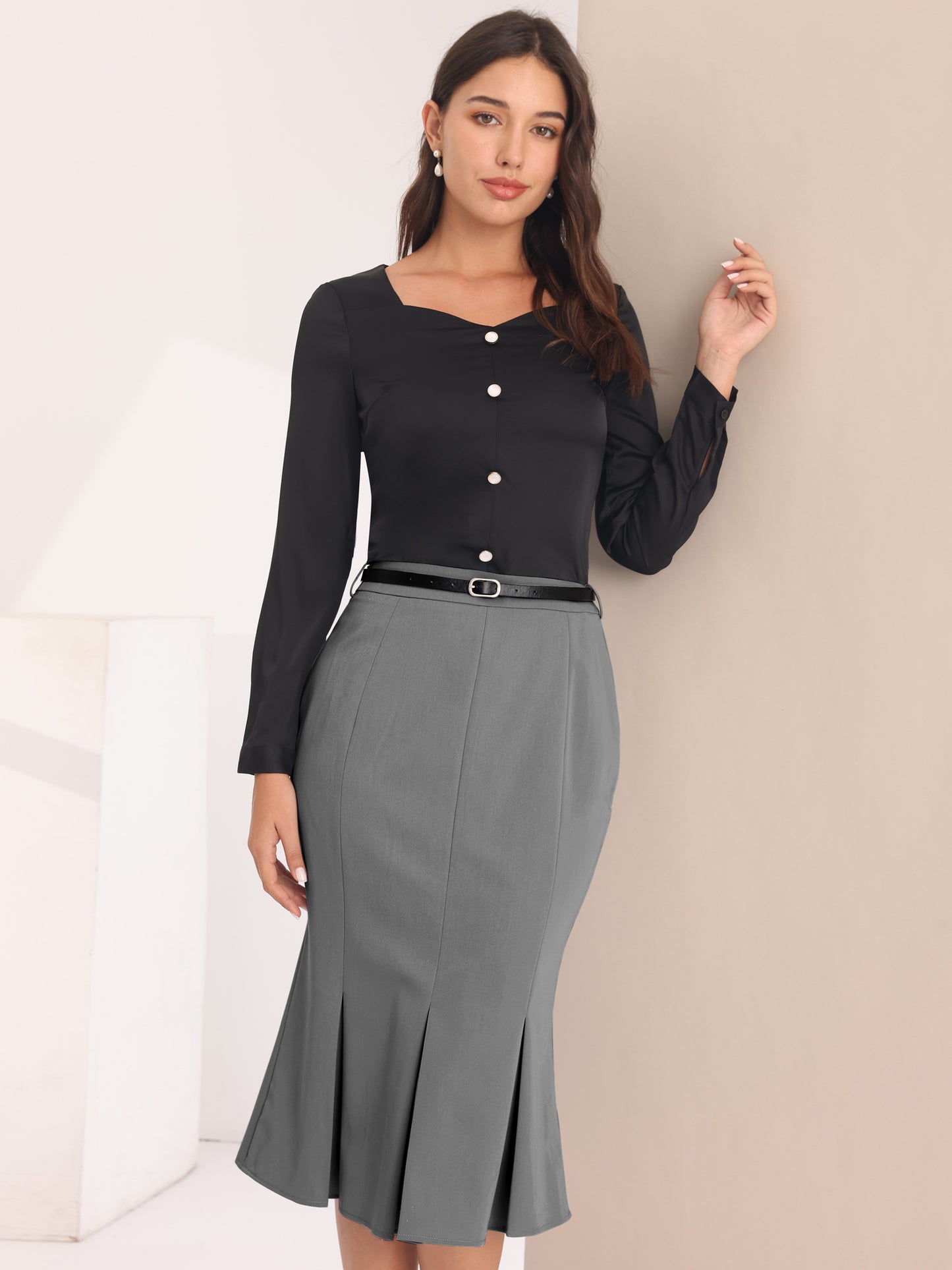 Women's Elegant Formal Skirt with Belt Knee Length Fishtail Pencil Skirt