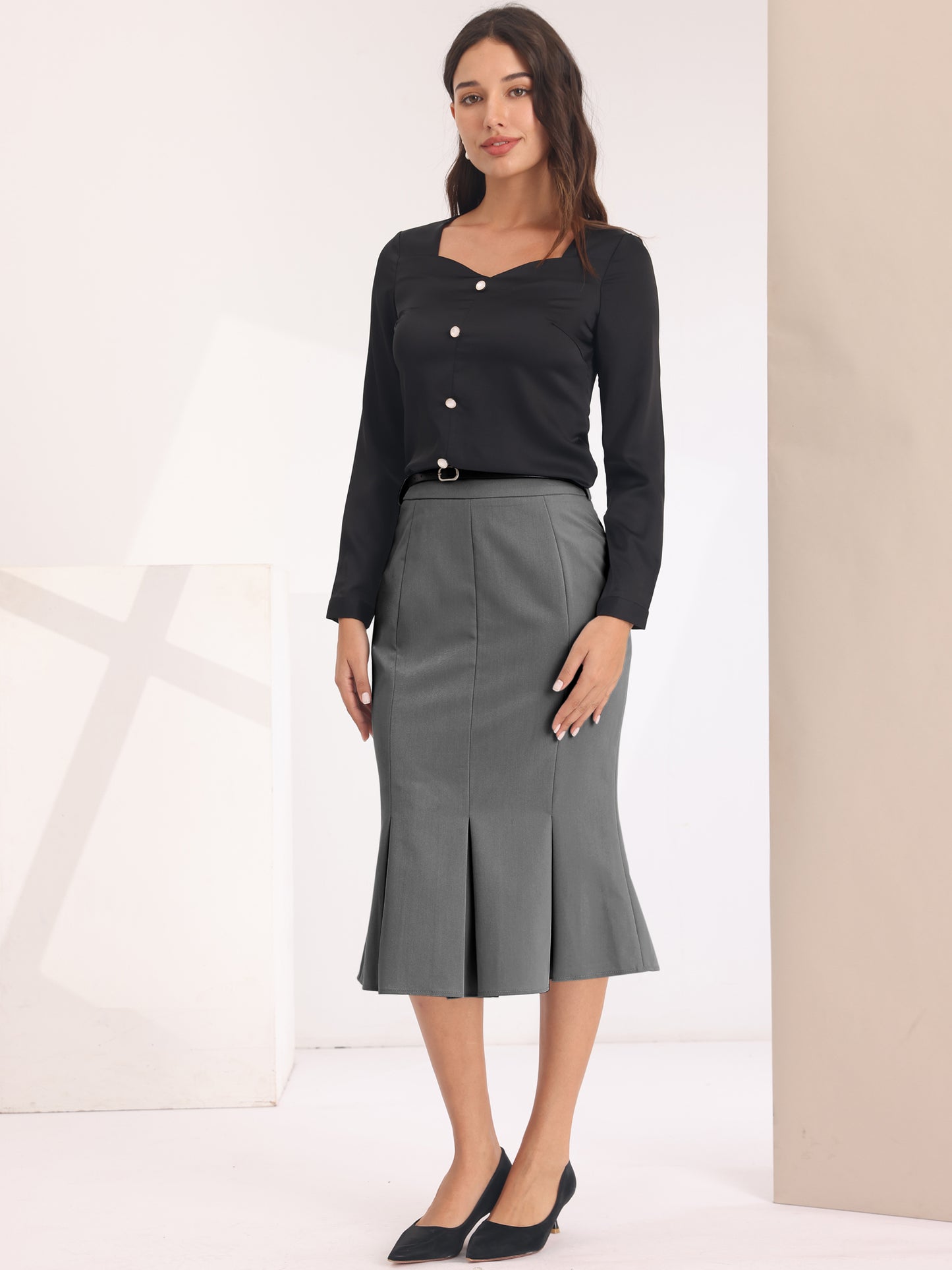Women's Elegant Formal Skirt with Belt Knee Length Fishtail Pencil Skirt