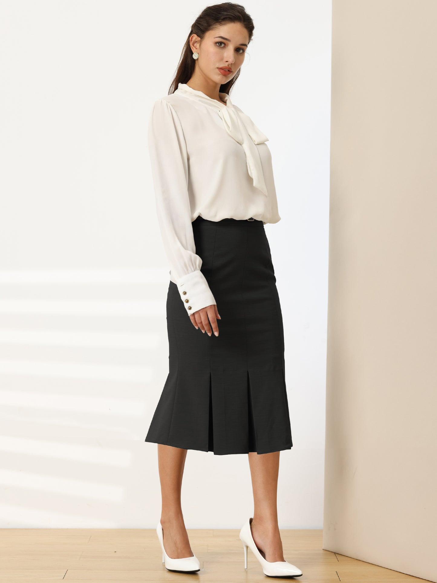 Women's Elegant Formal Skirt with Belt Knee Length Fishtail Pencil Skirt