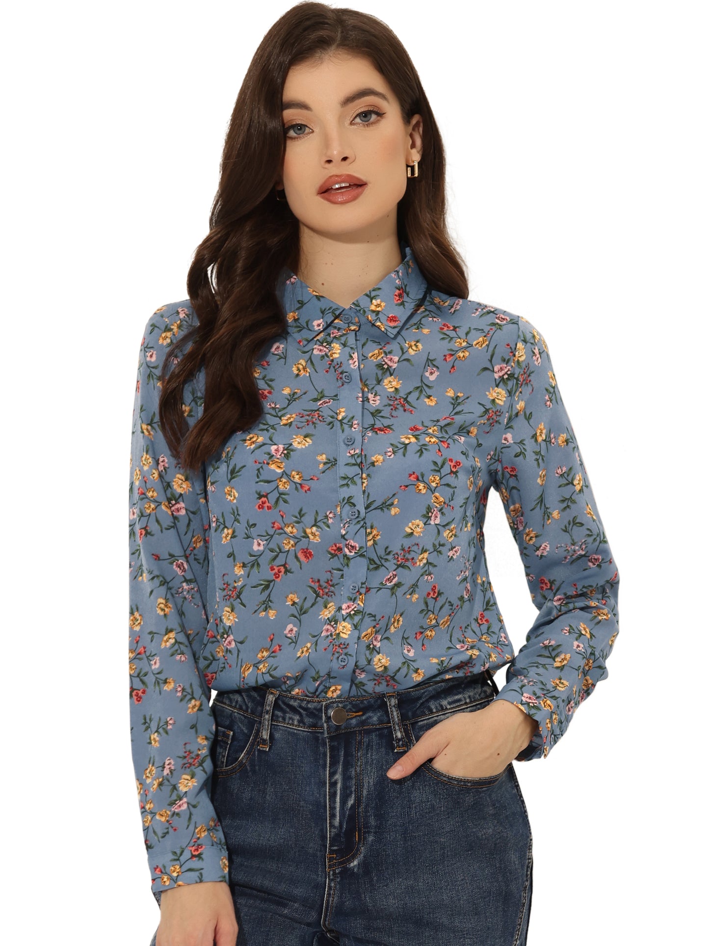 Women's Long Sleeve Button Down Ditsy Floral Shirt (Available in Plus Size)