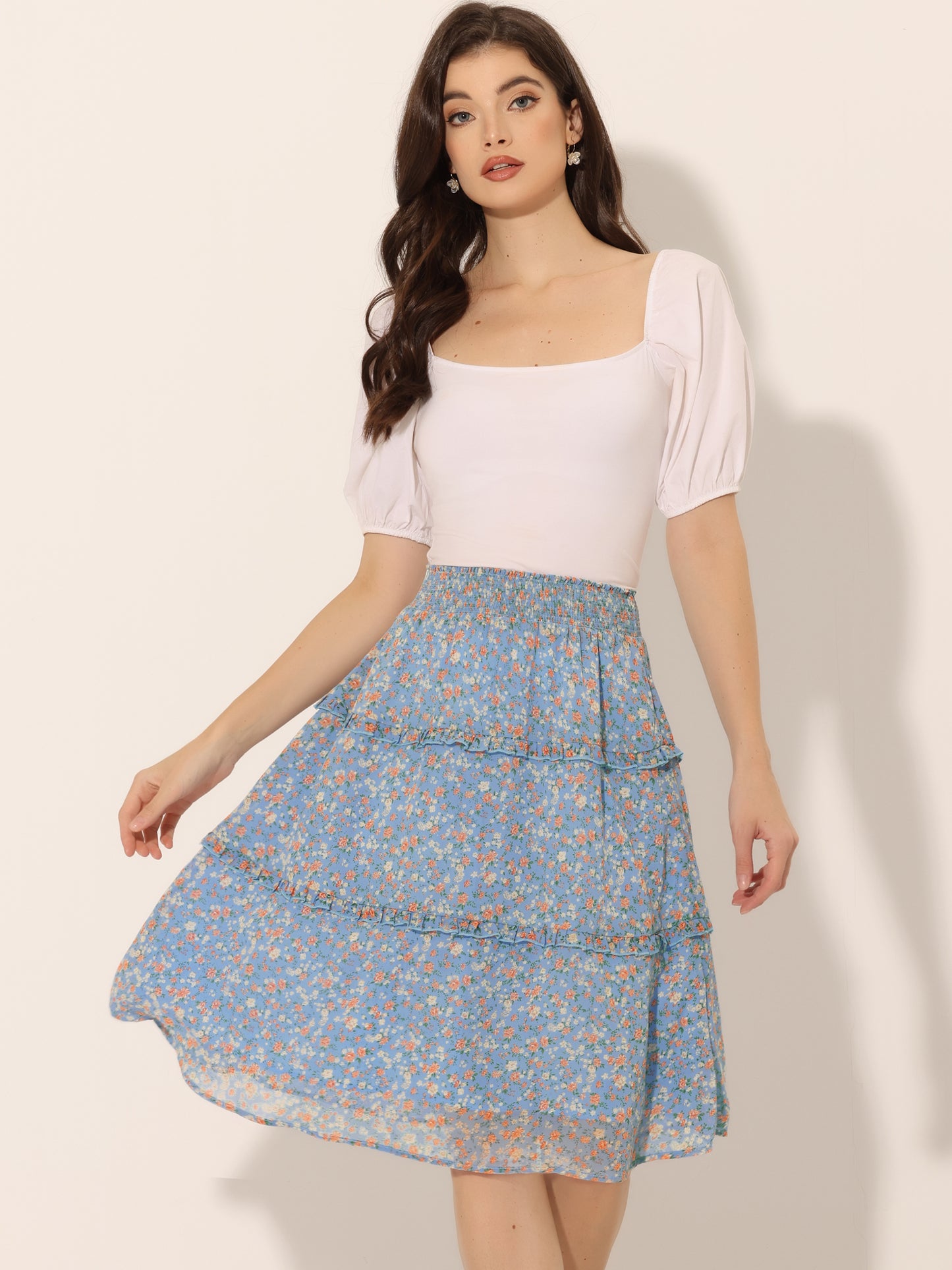 Faldas florales para mujer, primavera, fruncidas, cintura elástica, corte A, por debajo de la rodilla, falda con volantes escalonados