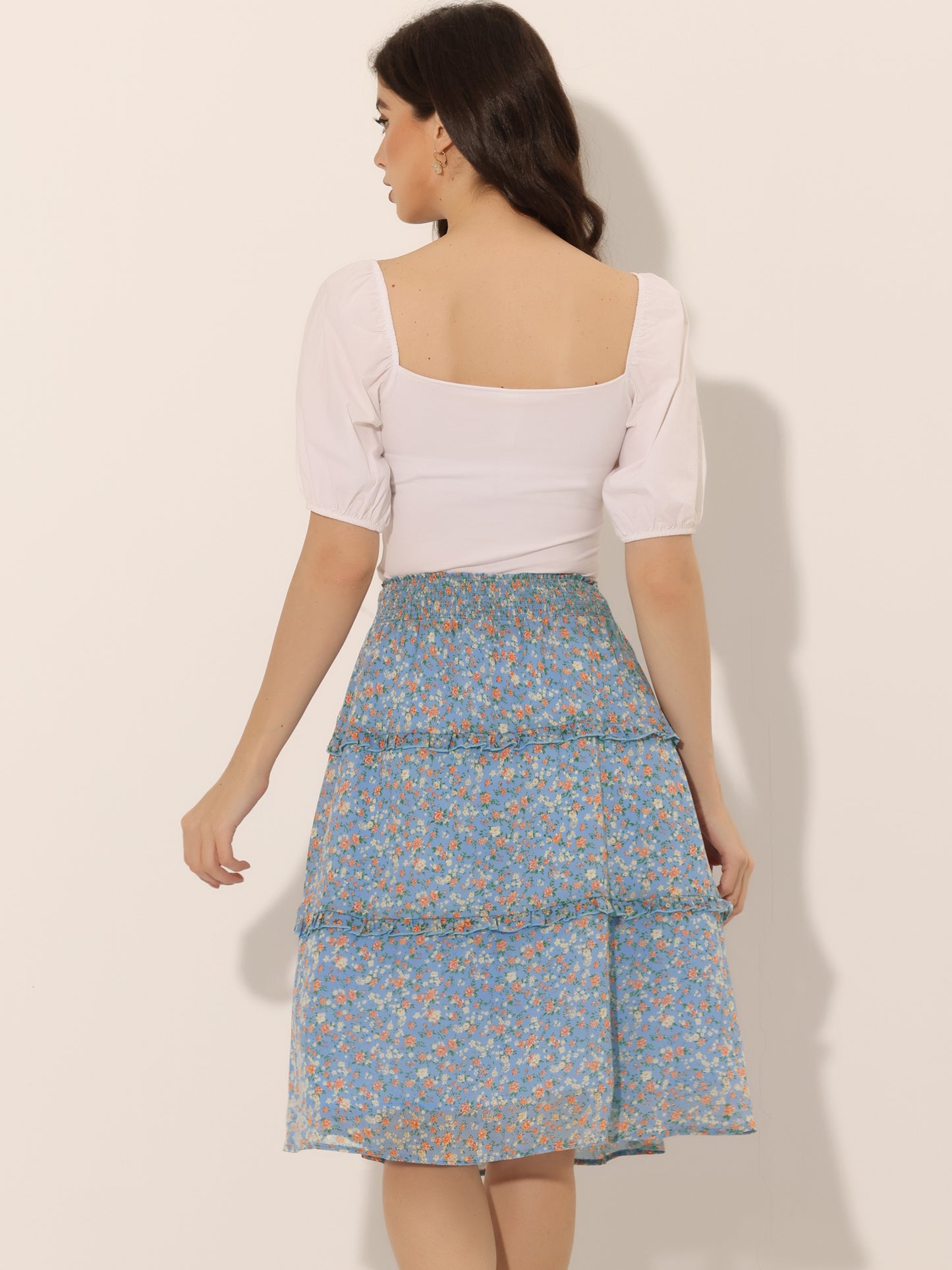 Faldas florales para mujer, primavera, fruncidas, cintura elástica, corte A, por debajo de la rodilla, falda con volantes escalonados