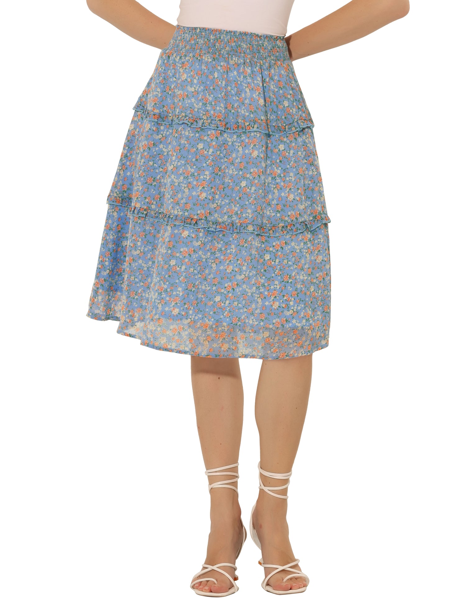 Faldas florales para mujer, primavera, fruncidas, cintura elástica, corte A, por debajo de la rodilla, falda con volantes escalonados