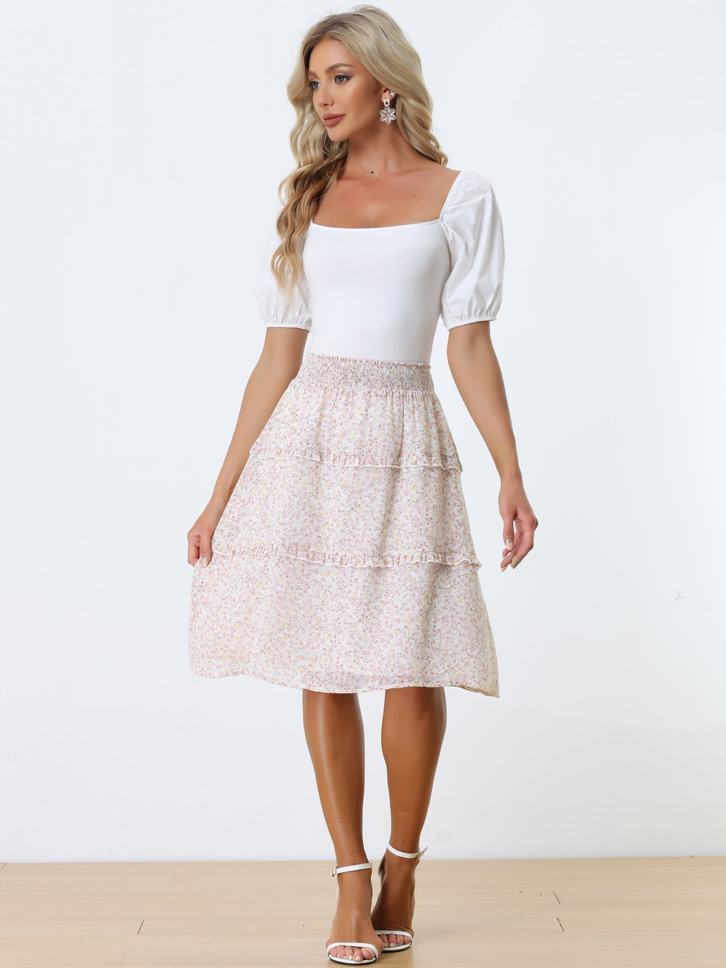 Faldas florales para mujer, primavera, fruncidas, cintura elástica, corte A, por debajo de la rodilla, falda con volantes escalonados