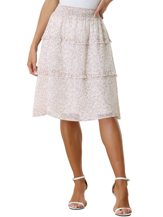 Faldas florales para mujer, primavera, fruncidas, cintura elástica, corte A, por debajo de la rodilla, falda con volantes escalonados