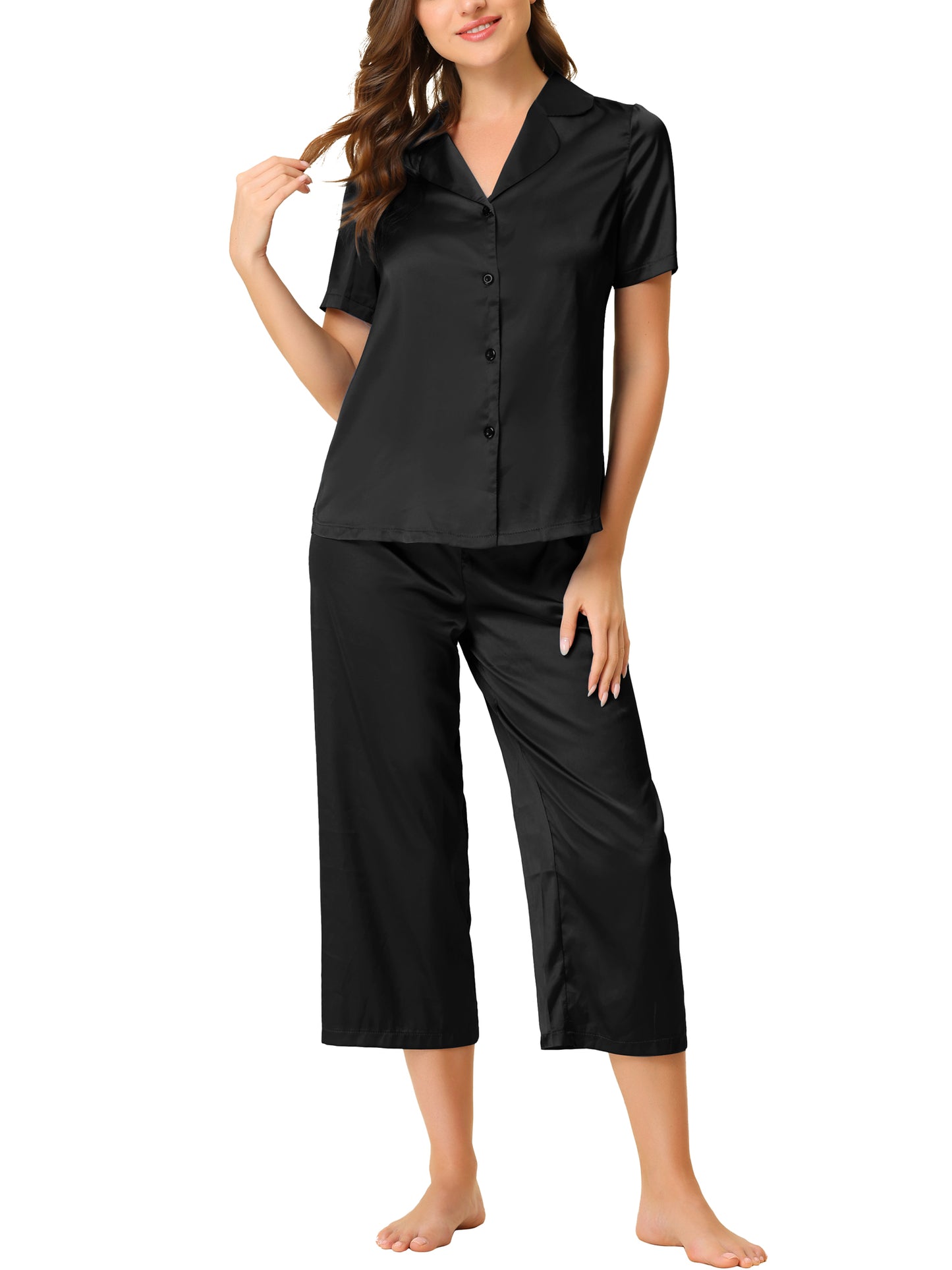 cheibear Pajama Loungewear Tops and Capri Pants Satin Sets Black