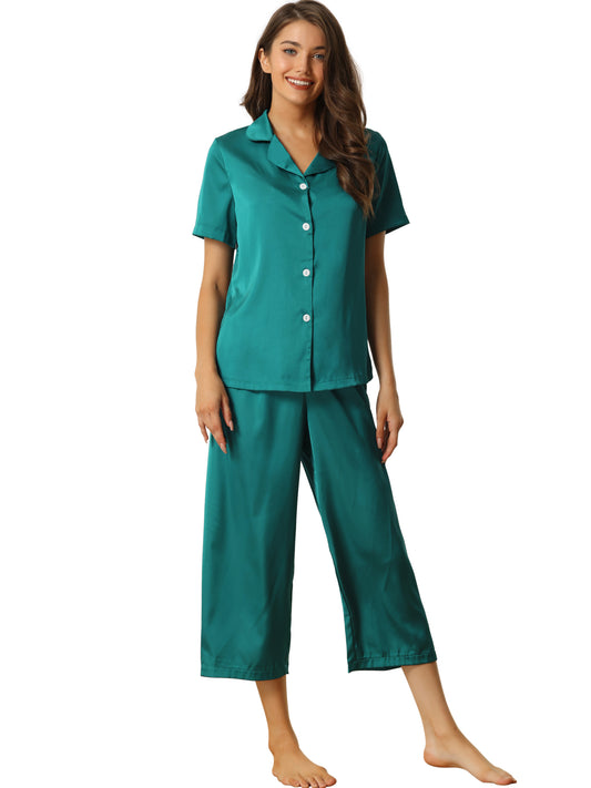 Pijama de satén para mujer, conjunto de pijama de seda con botones y pantalones capri