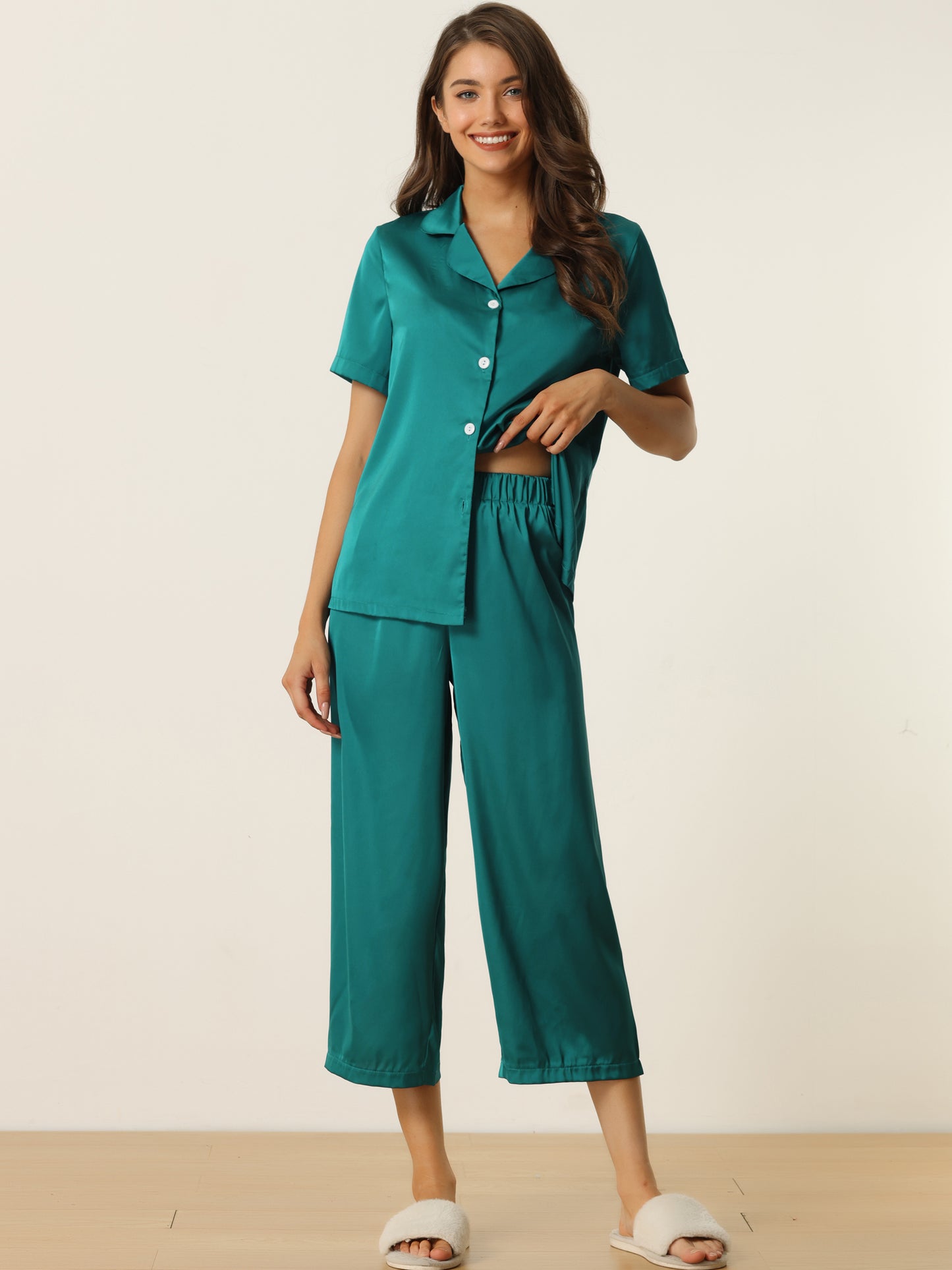 cheibear Pajama Loungewear Tops and Capri Pants Satin Sets Peacock green