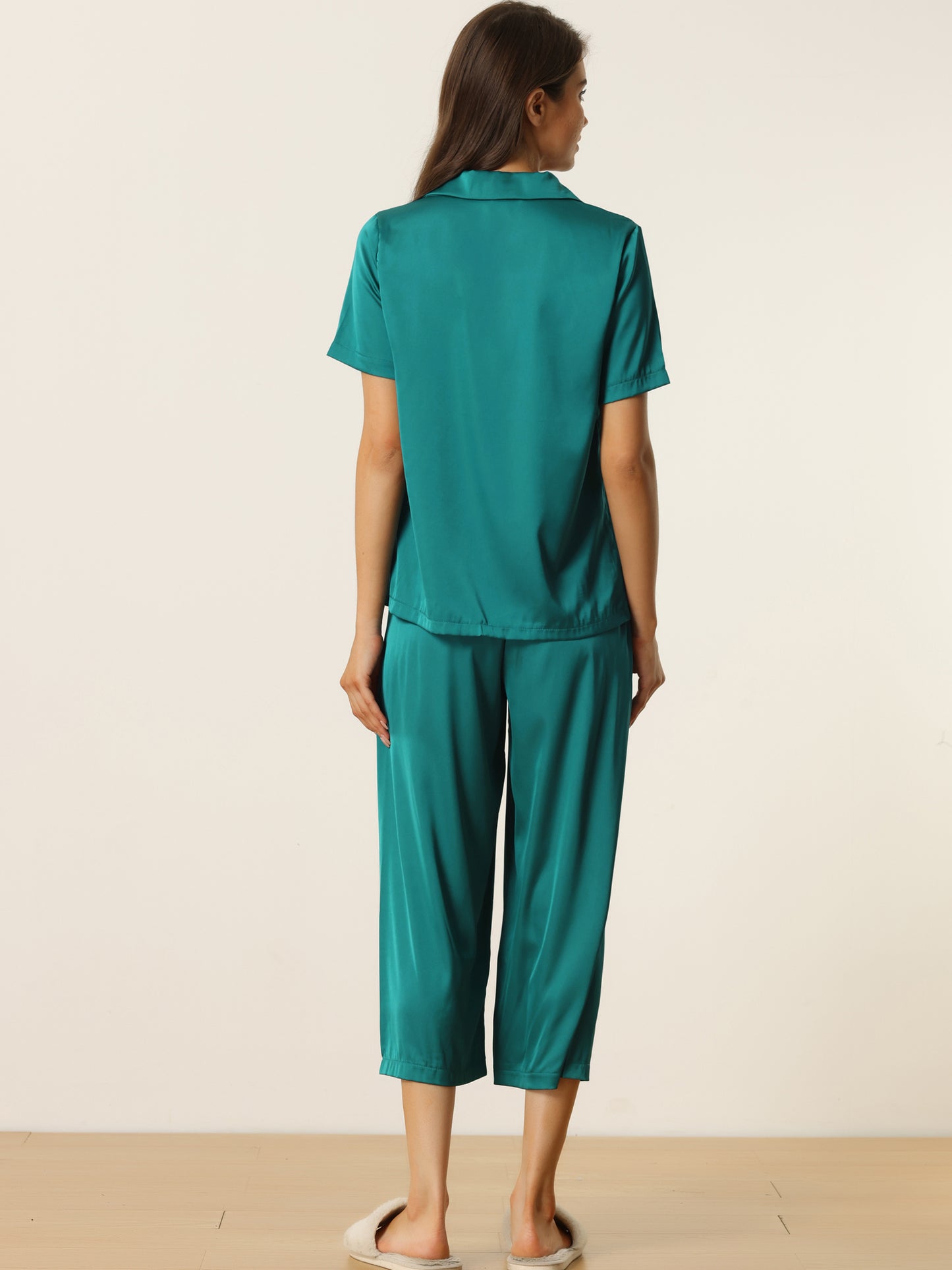 cheibear Pajama Loungewear Tops and Capri Pants Satin Sets Peacock green